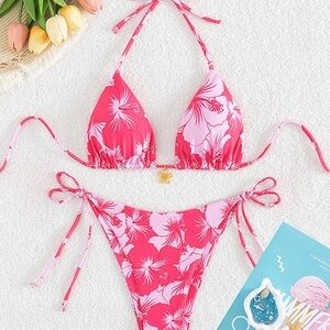 Hibiscus Floral Pink Sexy String Tie Bikini 2 pc Small Medium Large NEW